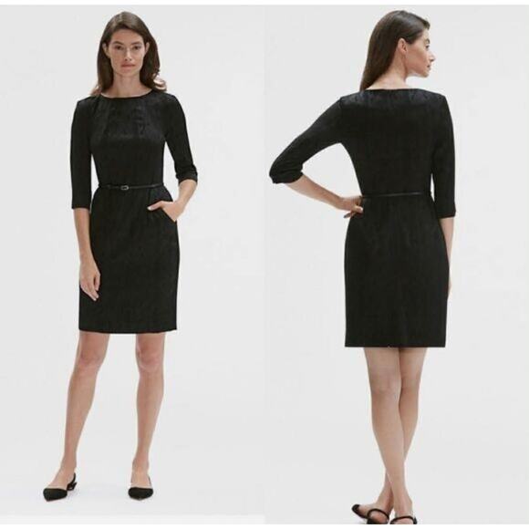 MM LaFleur Black Dress Estuko Satin Jacquard Size 12 Sheath 3/4 Sleeves - Picture 1 of 12